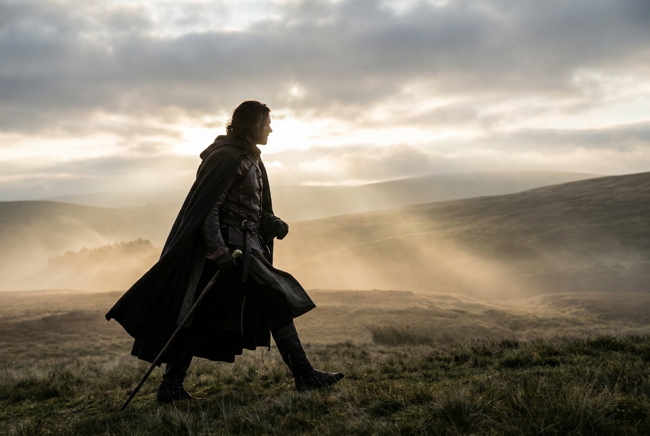 cloaked figure walks through misty sunlit landscape.