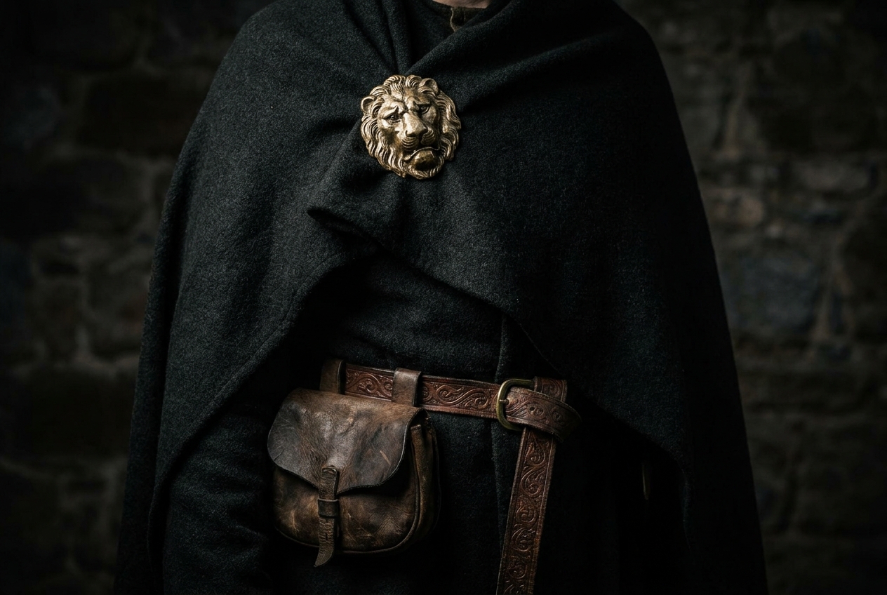 close up of cloak with lion brooch and leather pouch.