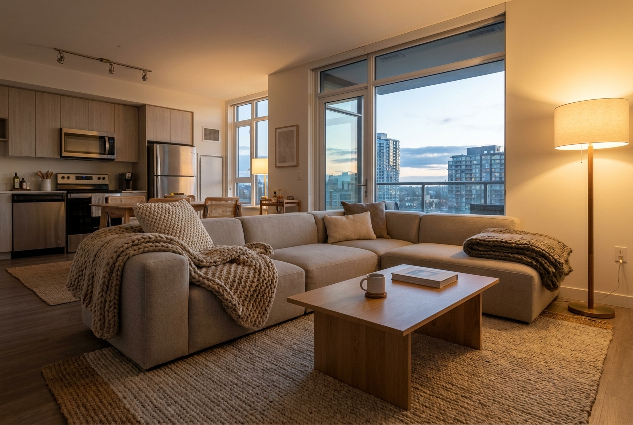 cozy modern living room with city skyline view.