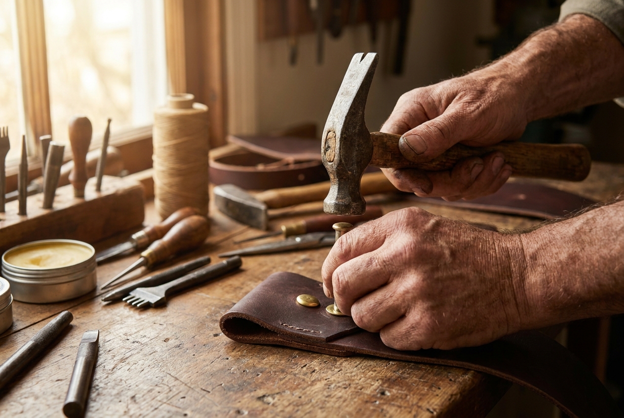Artisan craftsman using traditional tools to carefully work on leather.