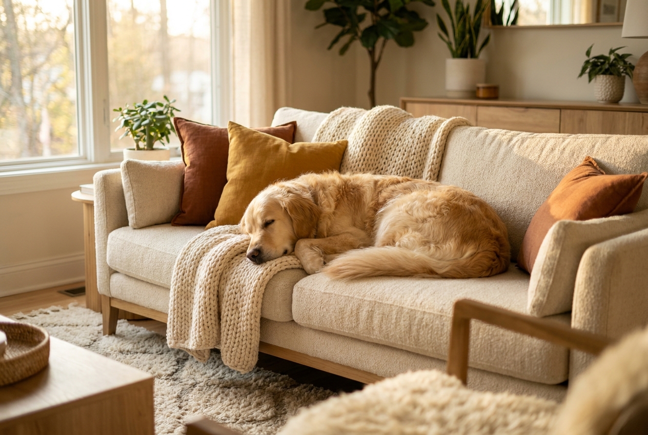golden retriever resting on cozy living room couch