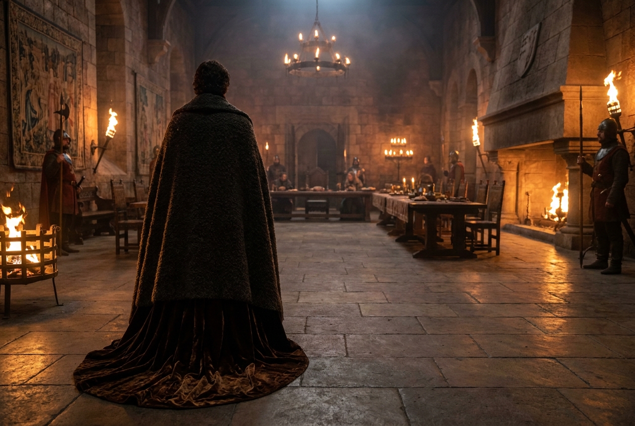 medieval great hall with guard and banquet table.