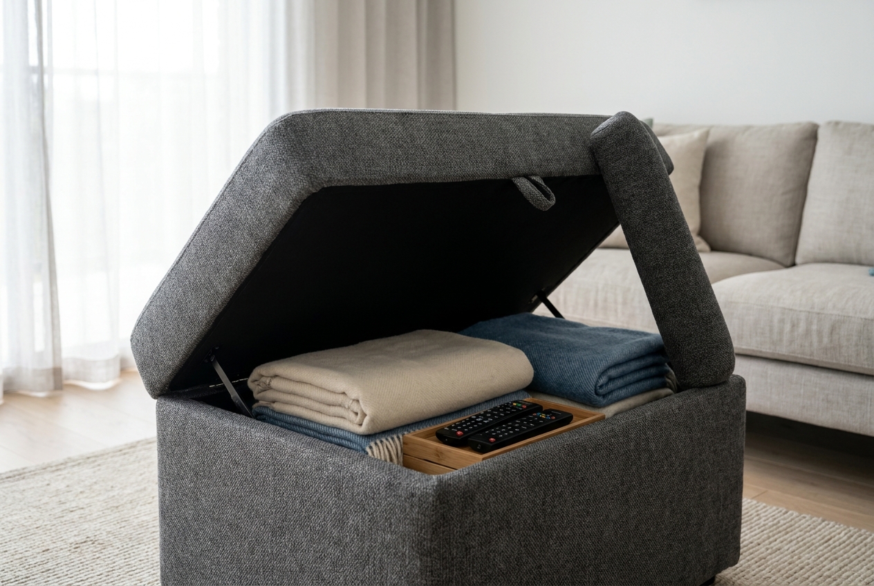 open storage ottoman with blankets and remote controls inside.