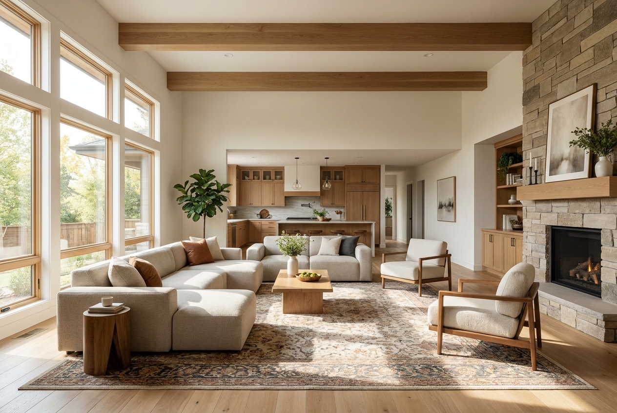 spacious modern living room with cozy fireplace and large windows